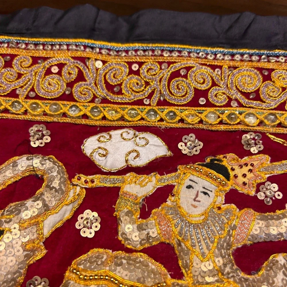 Vintage Kalaga Tapestry Velvet beaded wall scroll Gold Elephant Embroidery